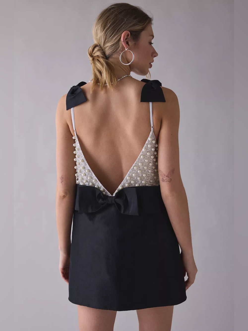 For Love & Lemons Pearly Bow Black Satin Mini Dress Size Small NWT - Picture 8 of 17